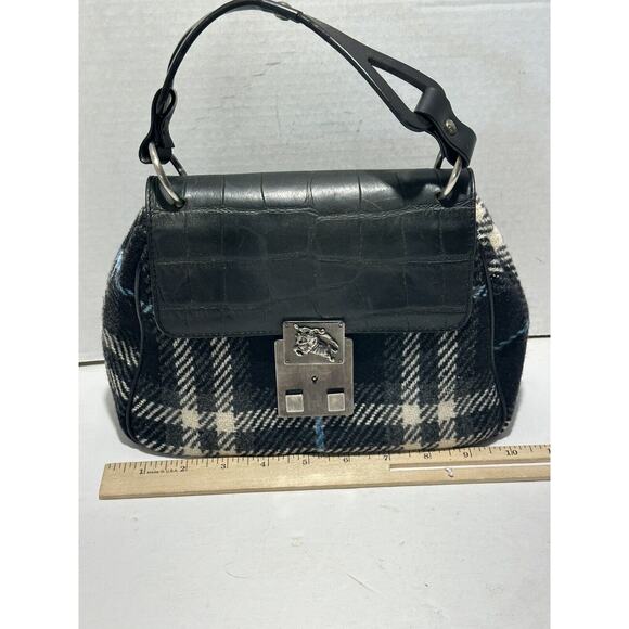 BURBERRY LONDON Croc Embossed Leather Tartan Wool Satchel Purse Bag Authentic - Picture 8 of 16